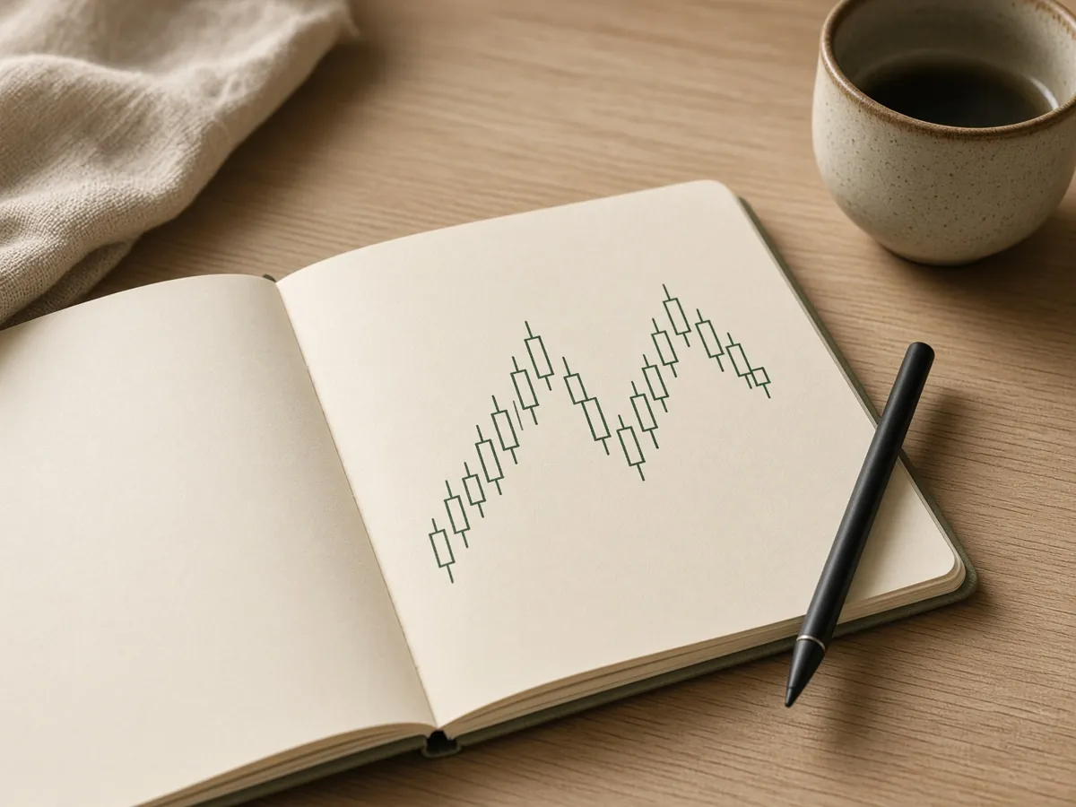 A notebook with a hand-drawn candlestick sketch